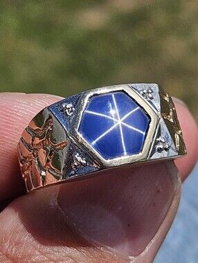 Men's 12.4mm 10k White & Yellow Gold Blue Star Sapphire Hexagon Signet Ring
